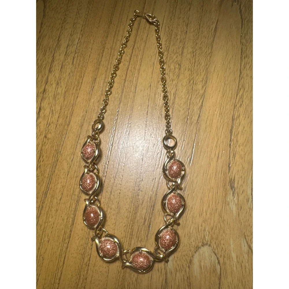 VTG Gold Tone Statement Collar Necklace Copper Textured Glitter Cabochons 16
